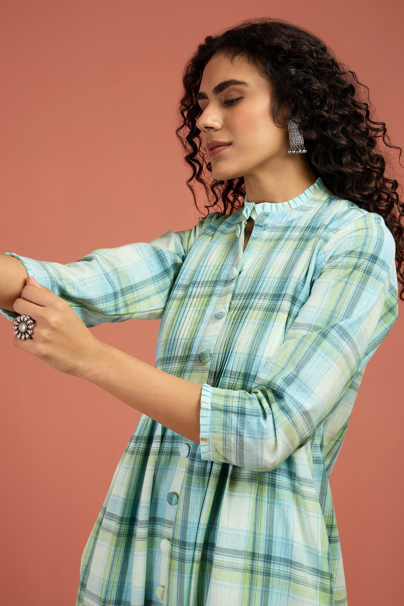 Pleated Frill Neck Dress Iin Green Madras Checks by Maati Crafts