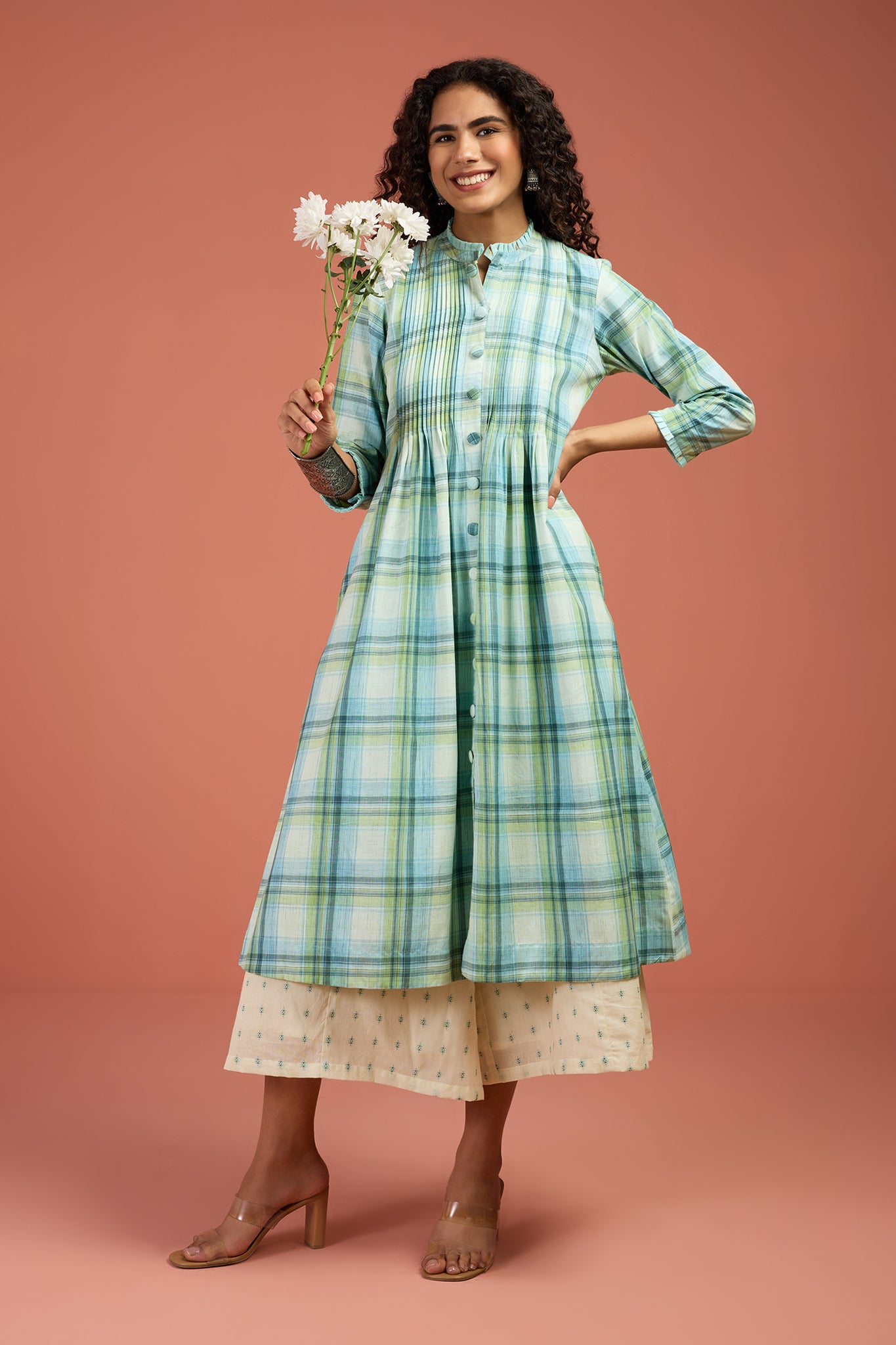 white christmas dresses Tide & Twilight Madras Checks Pleated Pintuck Button Down Dress