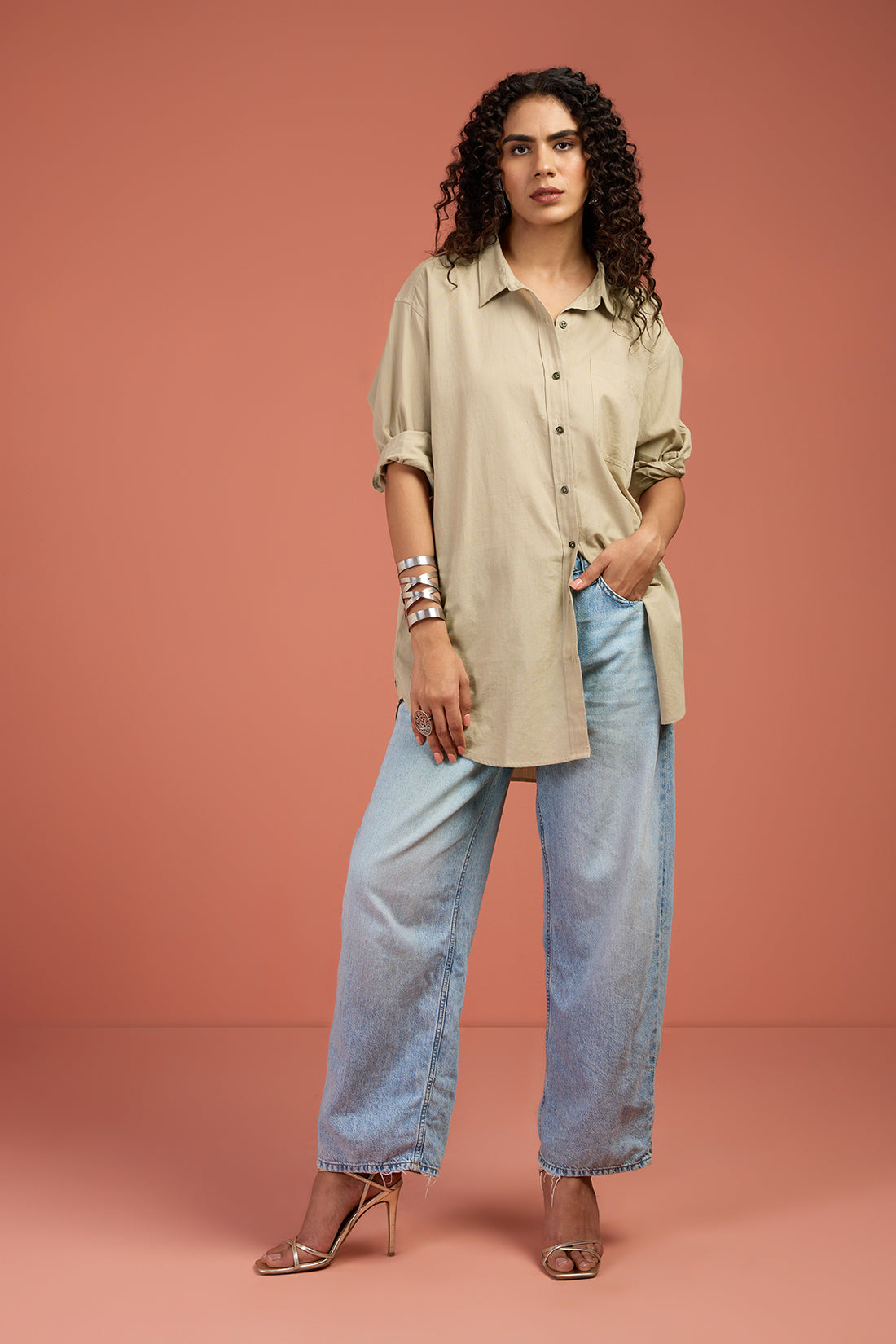 Oversized Long Shirt In Beige Cotton  by Maati Crafts