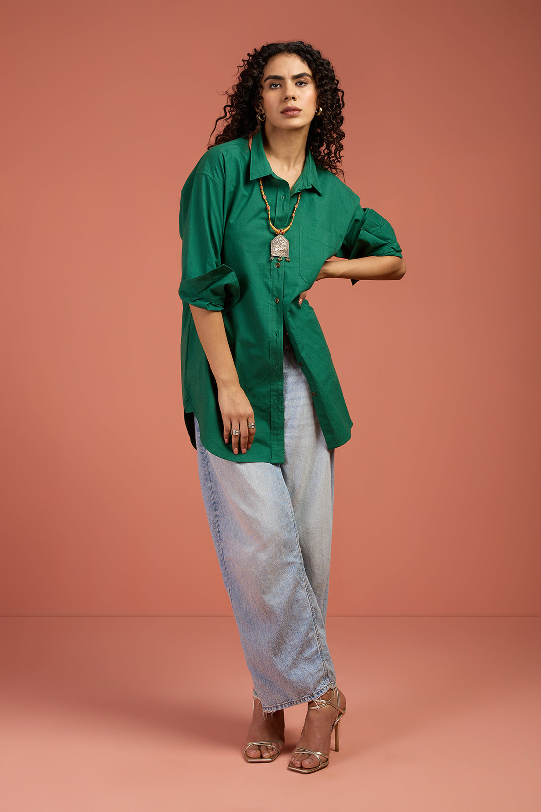Oversized Long Shirt In Green Poplin  by Maati Crafts
