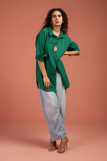 Oversized Long Shirt In Green Poplin  by Maati Crafts
