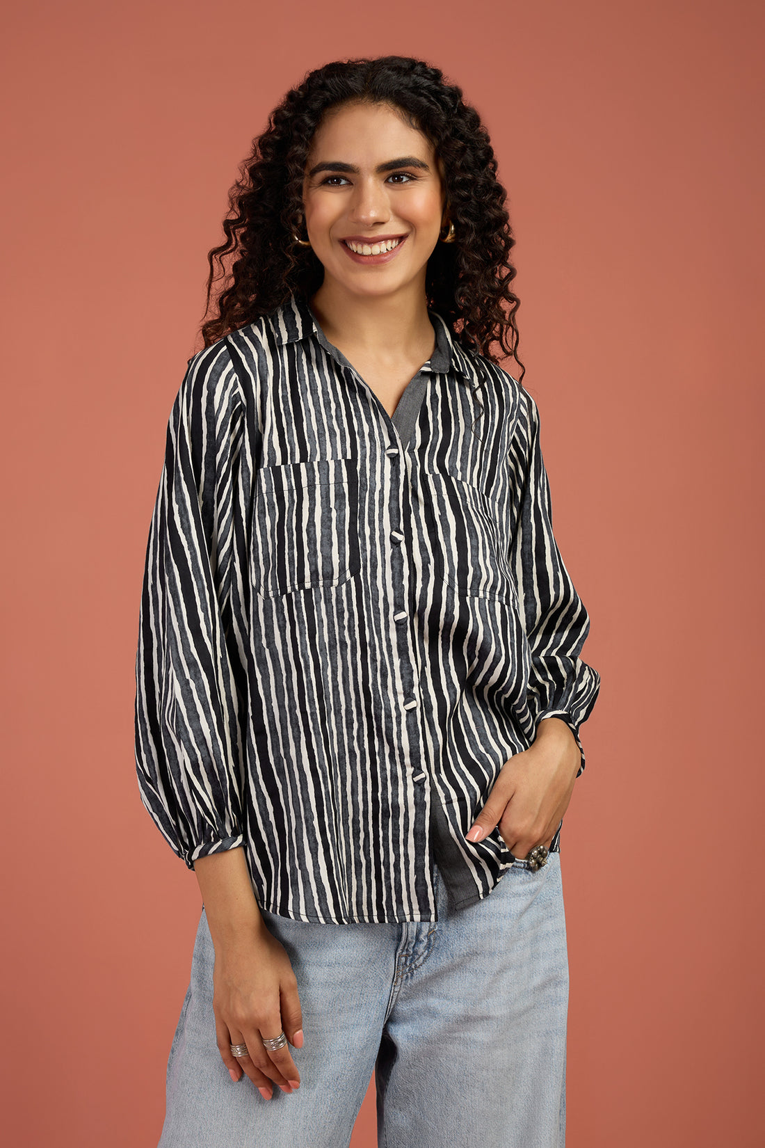 Gather Sleeve Tunic Shirt In Black White Lines Satin Cotton  by Maati Crafts
