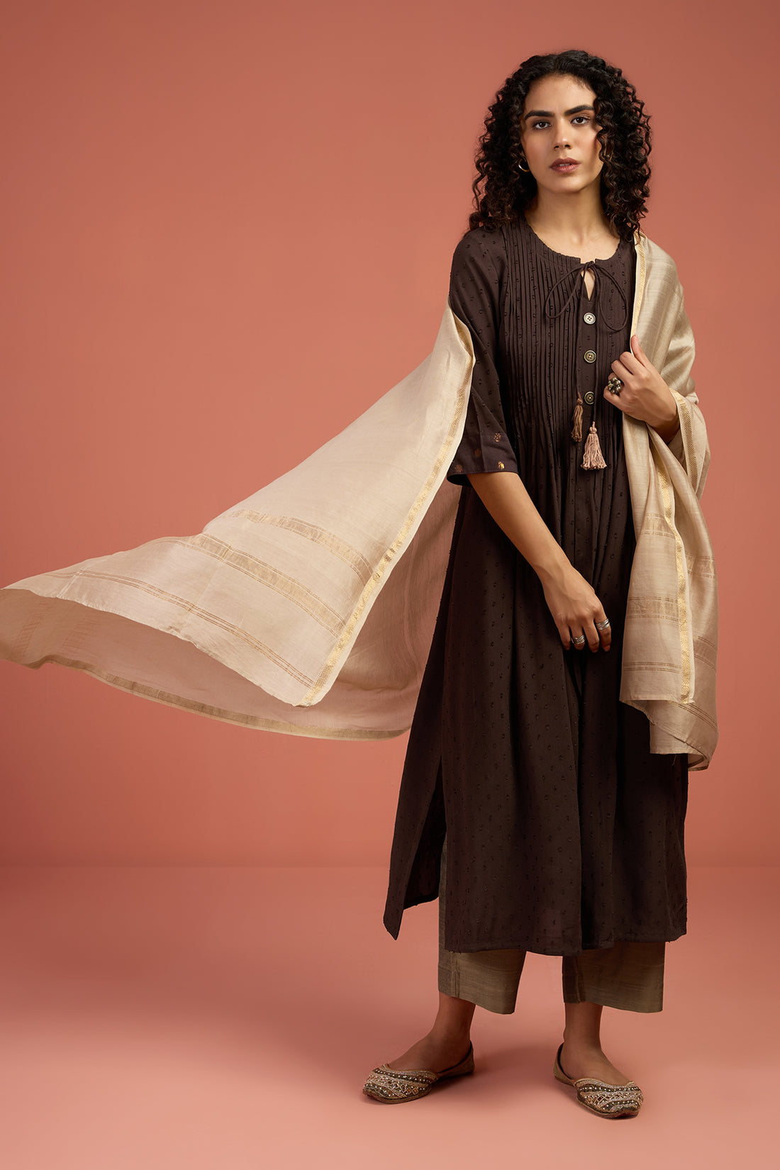 Coord Set Long Pintuck Kurta In Mocha And Pants Brown Viscose Cotton by Maati Crafts