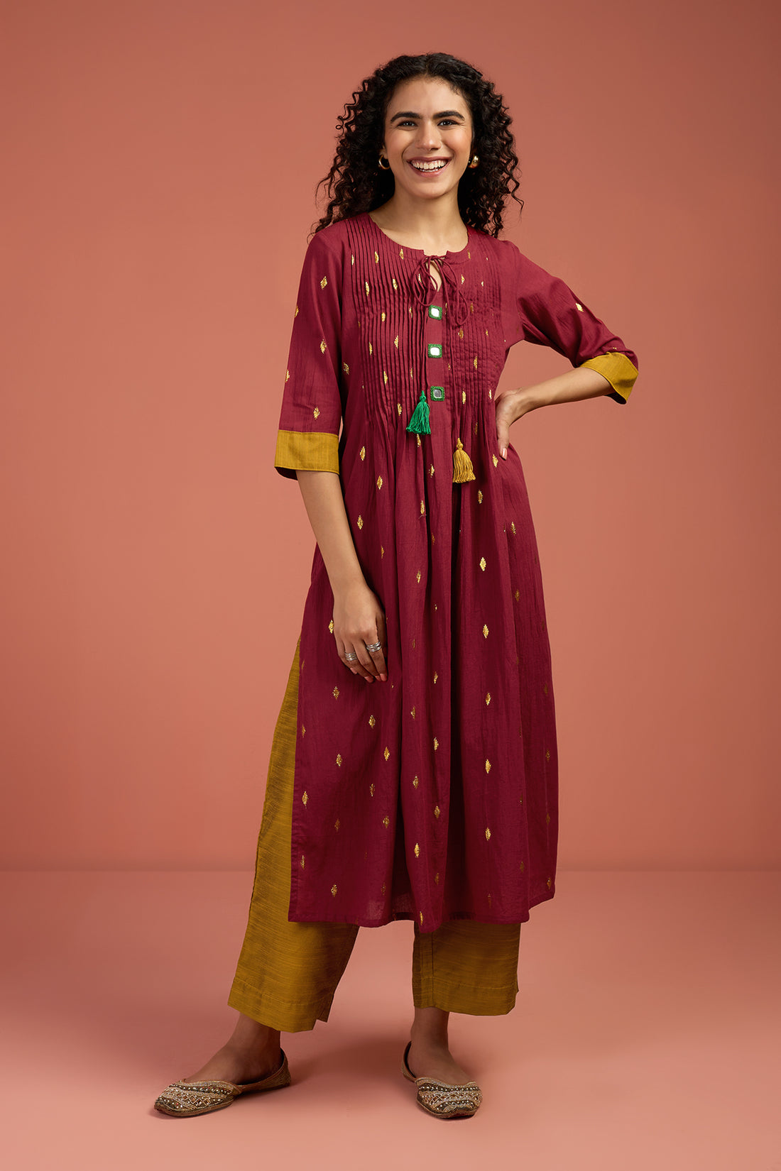 Coord Set Long Pintuck Kurta and Pants In Maroon Cotton Gold Buti  by Maati Crafts
