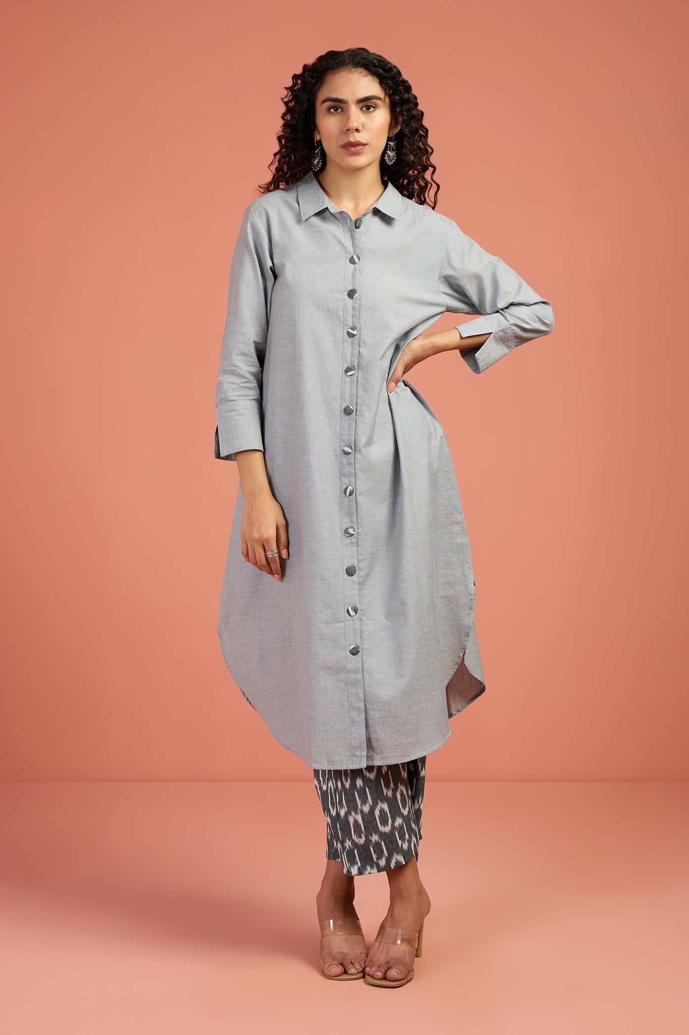 Long Shirtdress With Rounded Hem Lavender White Checks South