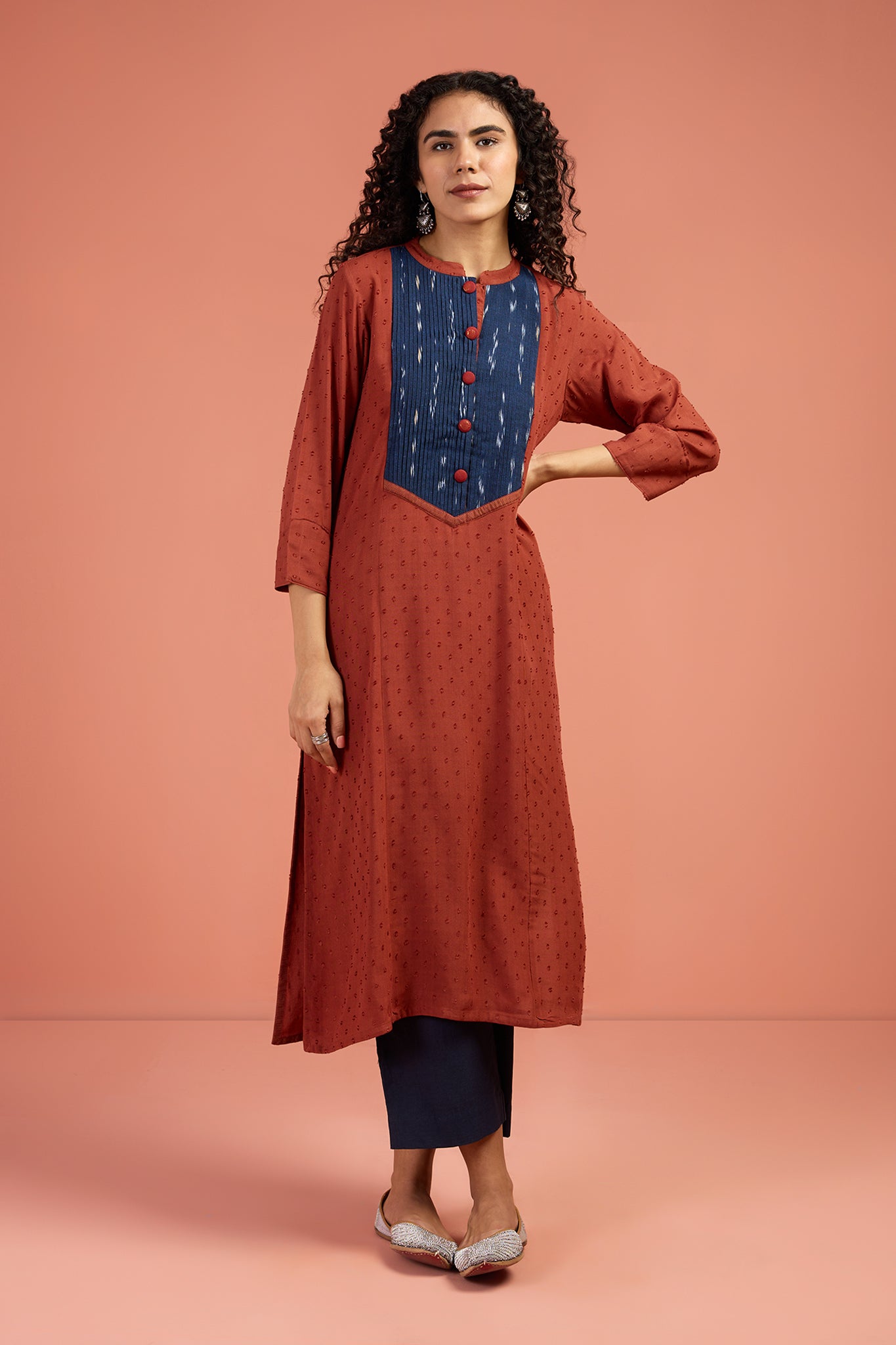 Pintuck Long Yoke Kurta In Rust Viscose Dobby  Blue Kat Pintuck Yoke  by Maati Crafts