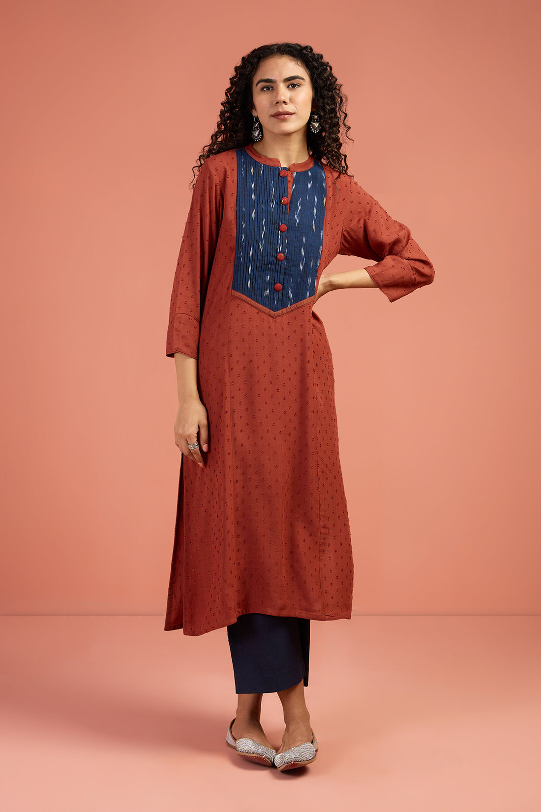 Pintuck Long Yoke Kurta In Rust Viscose Dobby  Blue Kat Pintuck Yoke  by Maati Crafts