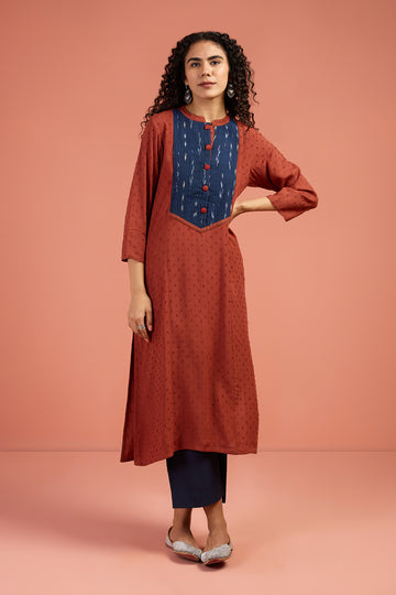Pintuck Long Yoke Kurta In Rust Viscose Dobby  Blue Kat Pintuck Yoke  by Maati Crafts