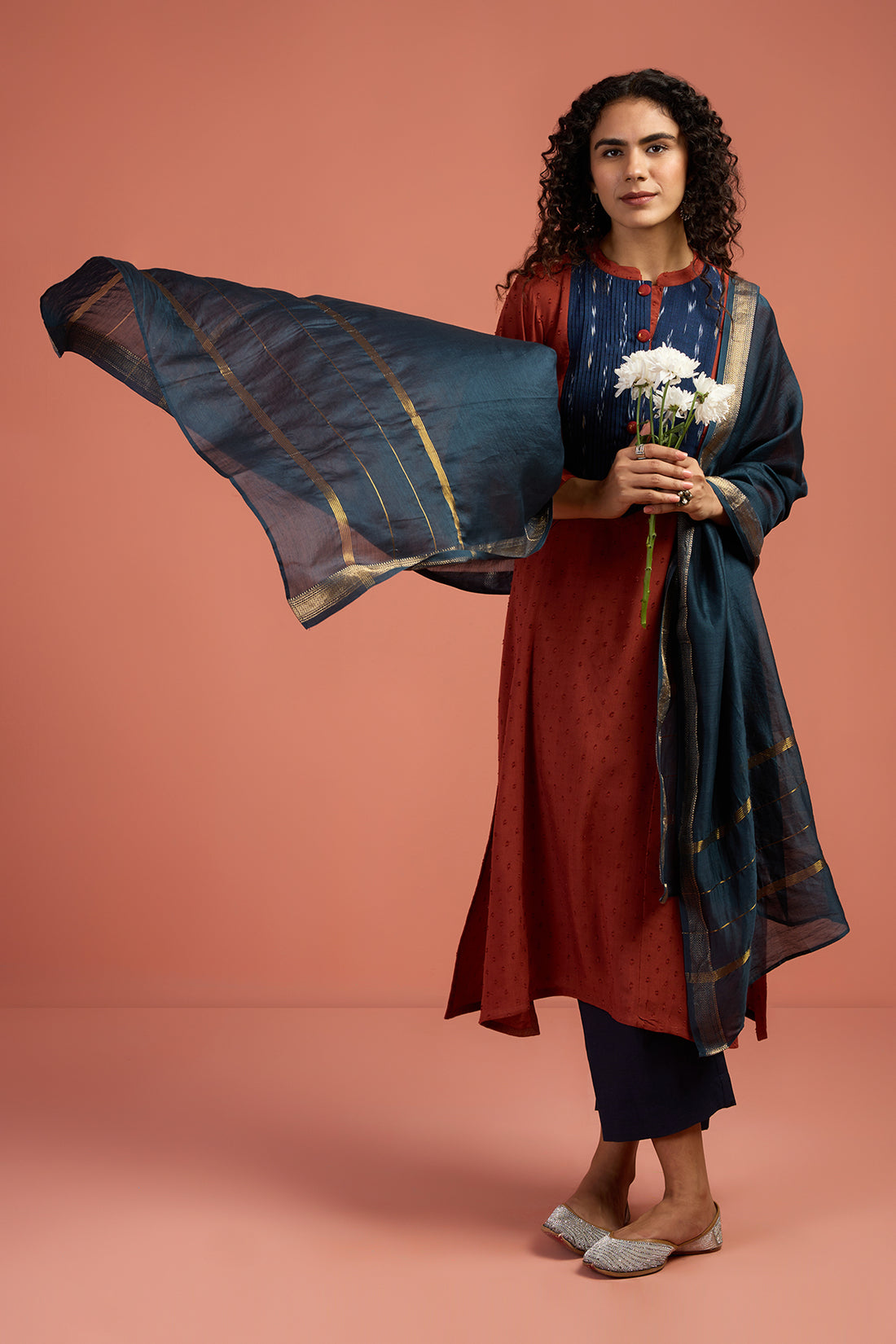 Pintuck Long Yoke Kurta In Rust Viscose Dobby  Blue Kat Pintuck Yoke  by Maati Crafts