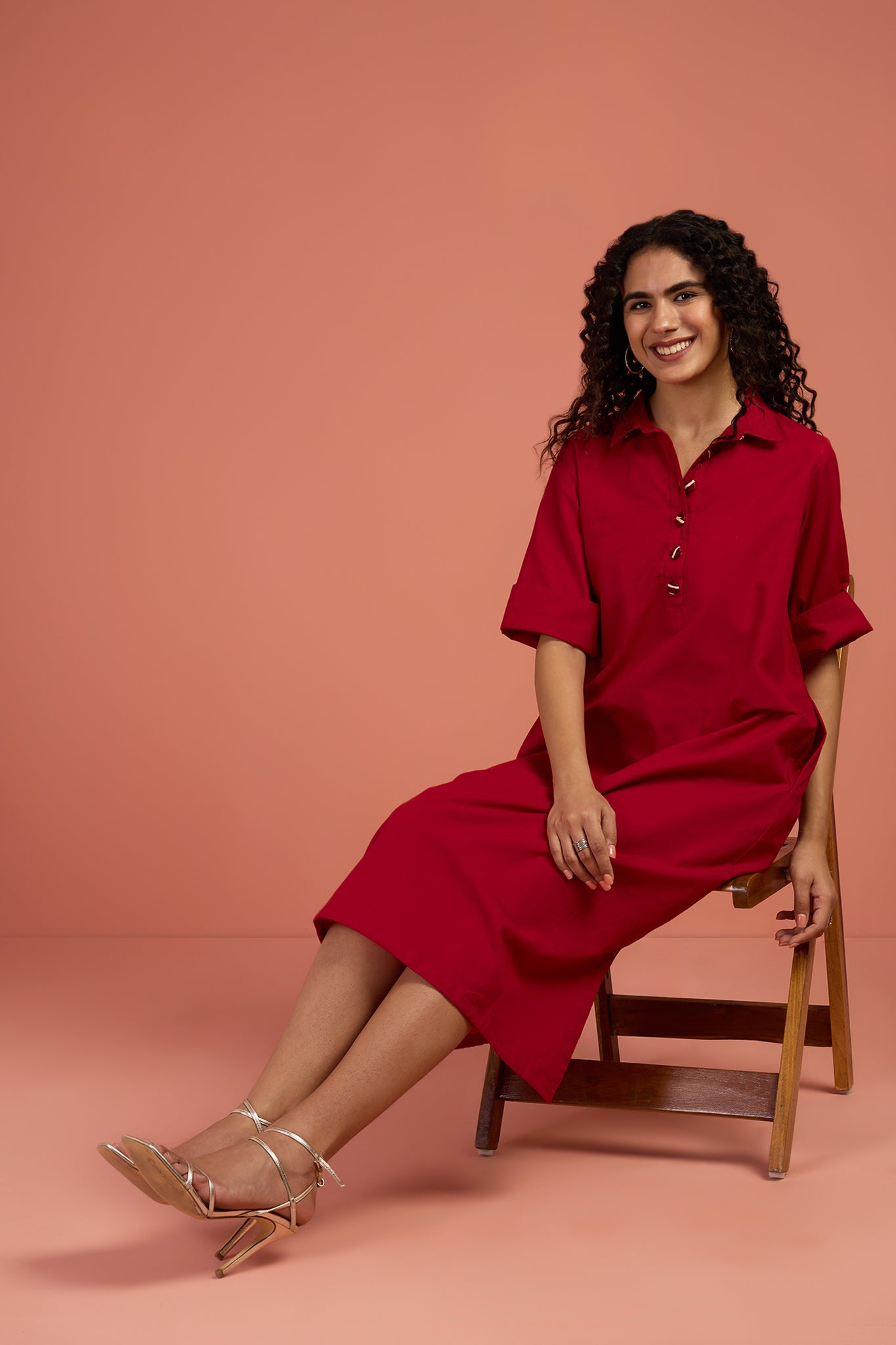 Collar Shirt A-line Dress In Red Cotton  by Maati Crafts