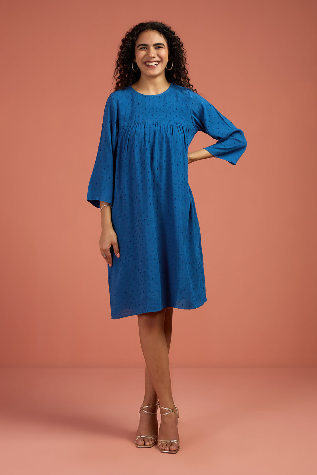 Gather Dress In Blue Viscose Dobby Mul Lining And Pockets  by Maati Crafts