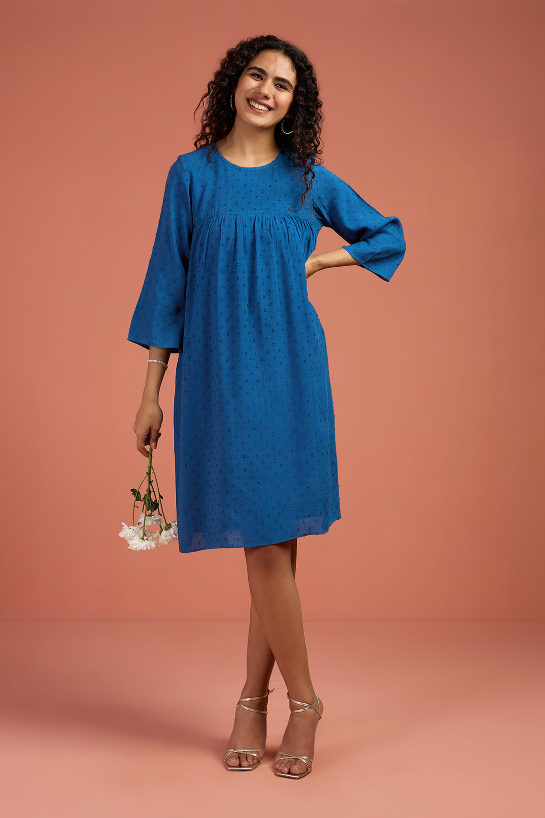 Gather Dress In Blue Viscose Dobby Mul Lining And Pockets  by Maati Crafts