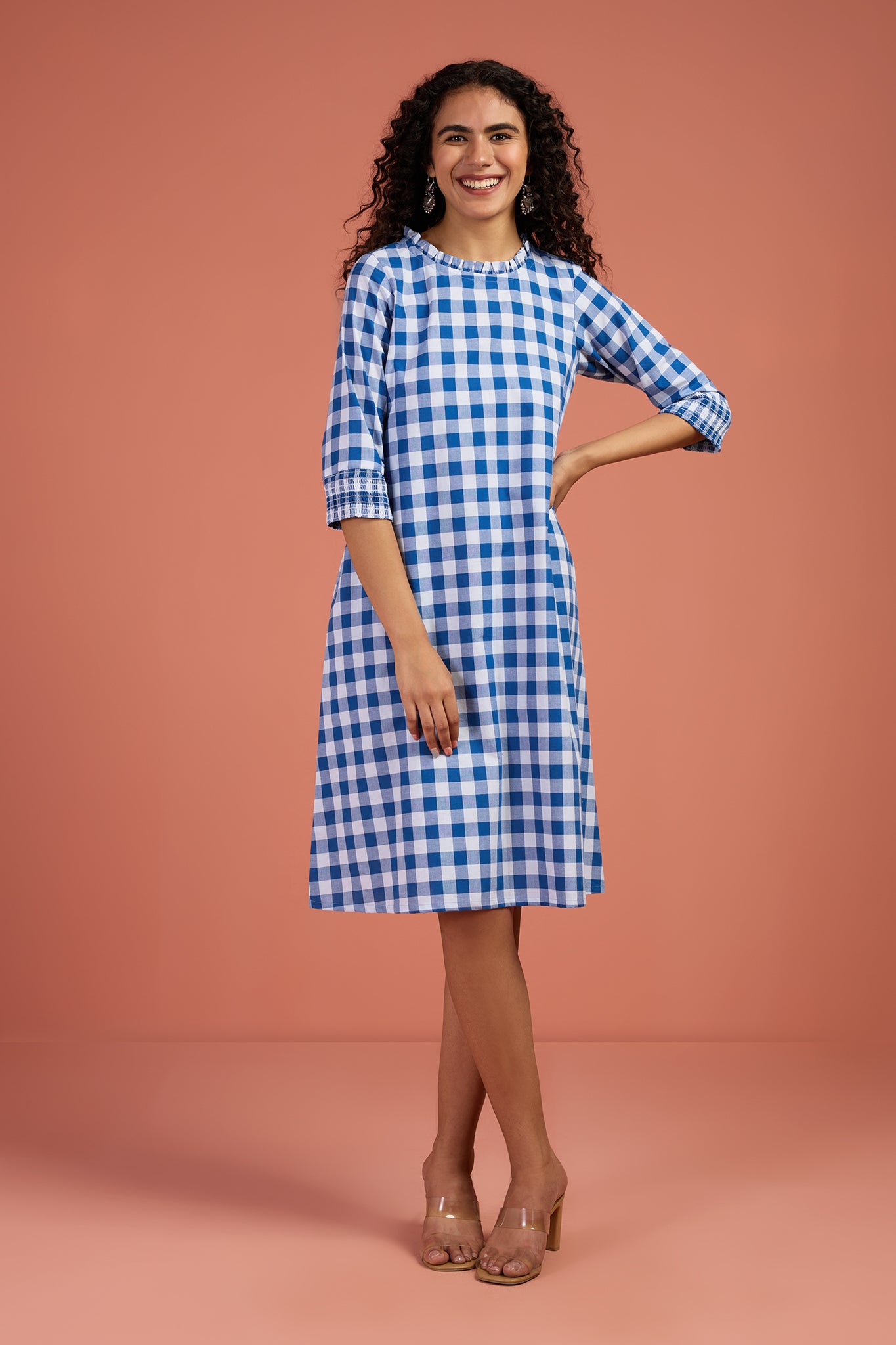 Checkmate Sky Smocked Sleeve Shift Dress Checkmate Sky Smocked Sleeve Shift Dress