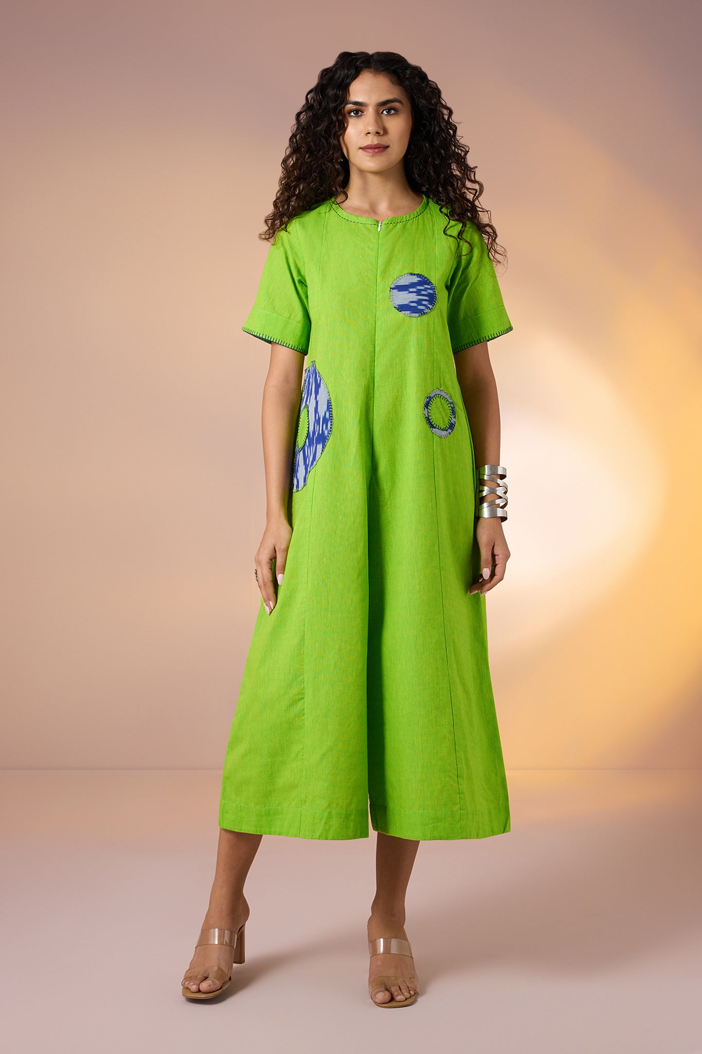 Jumpsuit Front Zipper With Pockets In Lime Green South Cotton And Applique Hand Embroidery by Maati Crafts