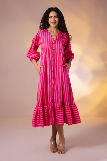 Blush Bold Bands Midi Dress with Ruffle Border