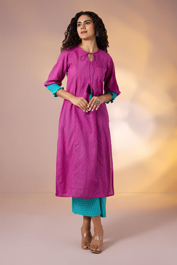 Coord set Kurta and Bottom - Falsa Bloom with Skyline Checks Cotton Kurta with Smocked Sleeve & Tassels with Wide leg pants