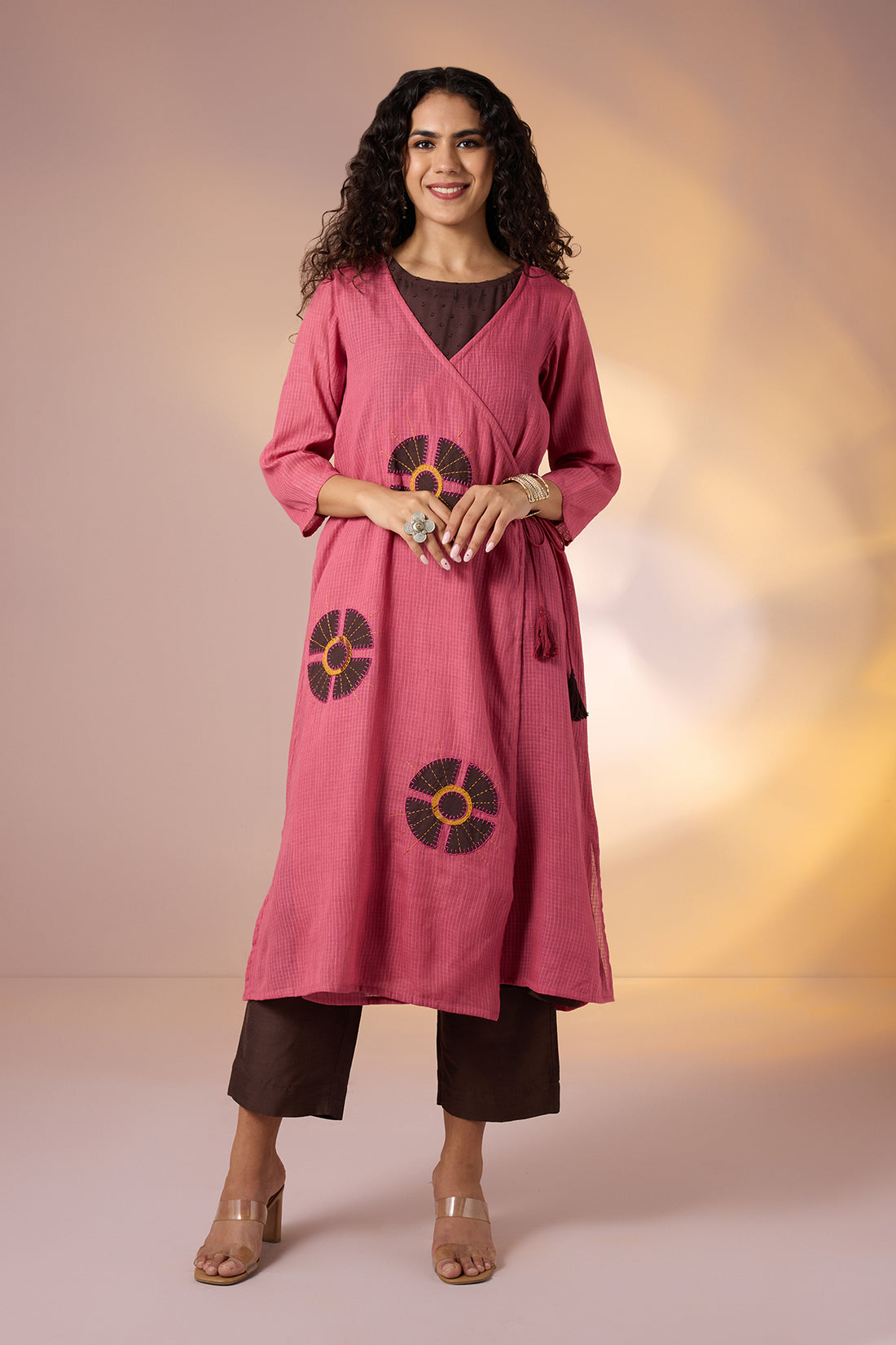 Coord Set Angrakha Tie Up Jacket And Sleeveless Dress In Kota Light Pink Applique Hand Embroidery by Maati Crafts