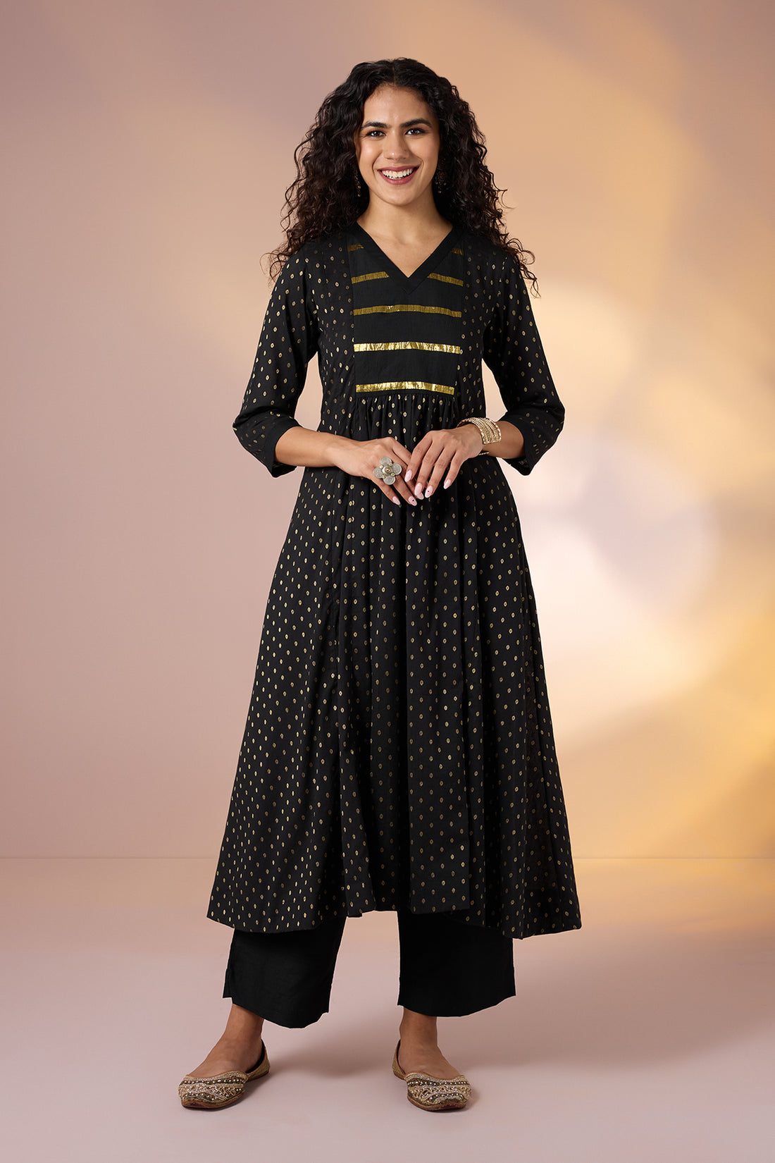 Twilight Gold Cotton V-Neck Anarkali