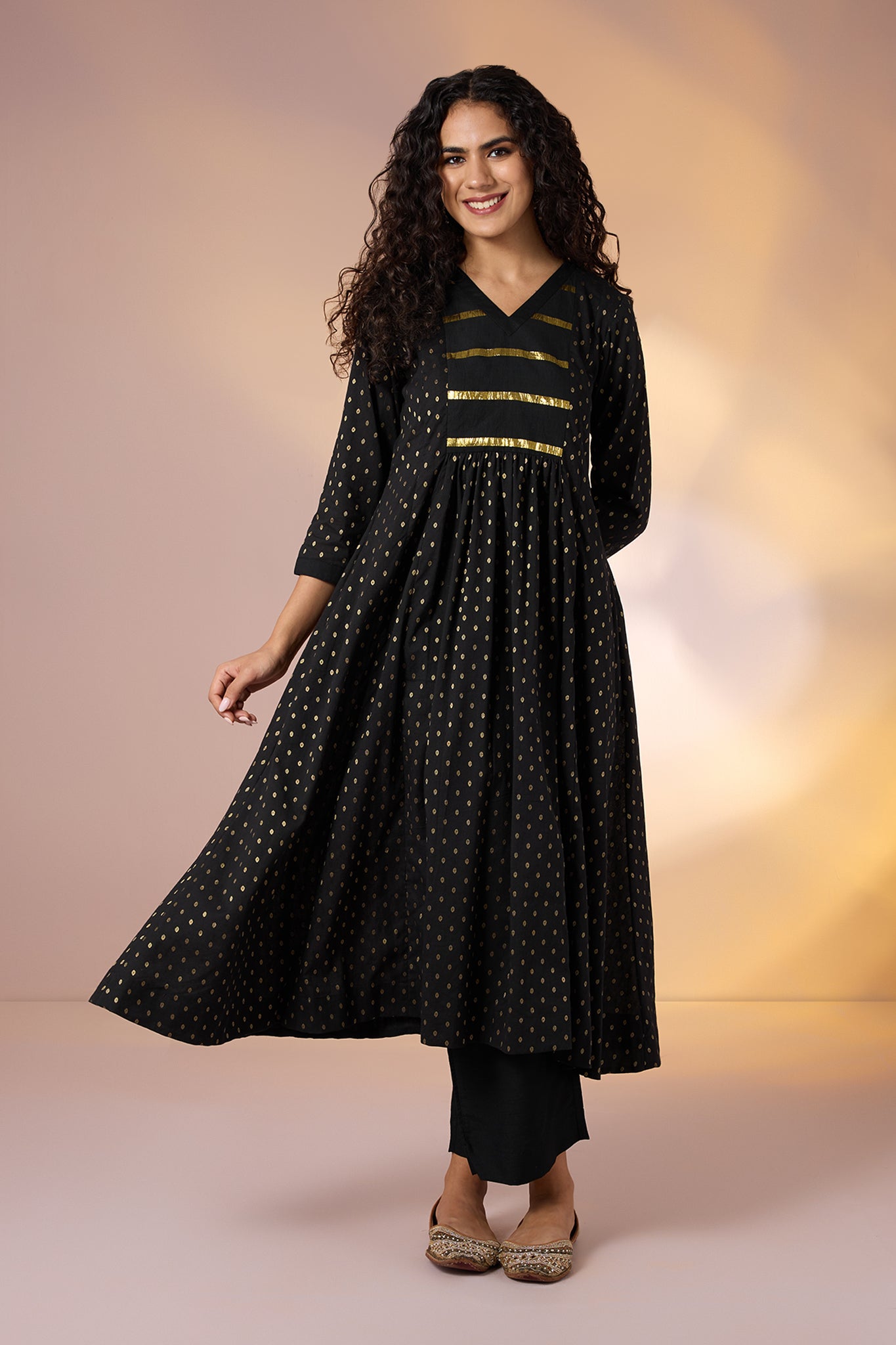 Twilight Gold Cotton V-Neck Anarkali