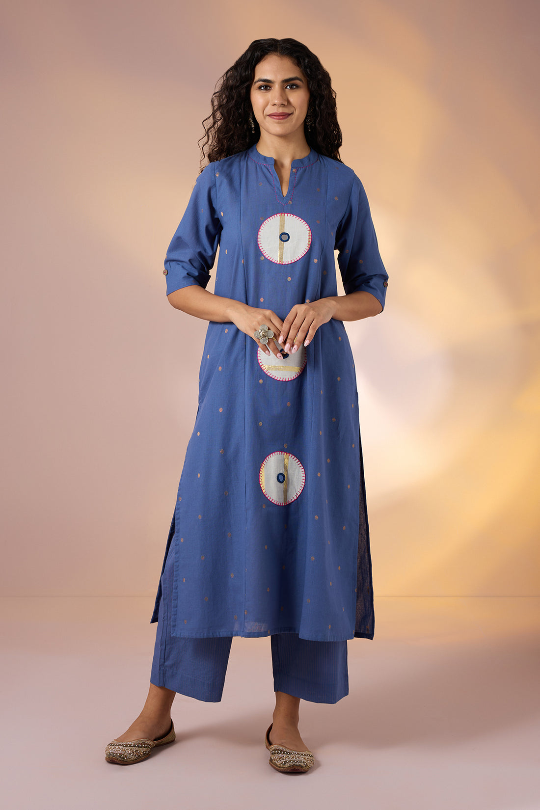 Coord Set A- Line Kurta And Pants In Blue Gold Dots And Applique Embroidery  by Maati Crafts