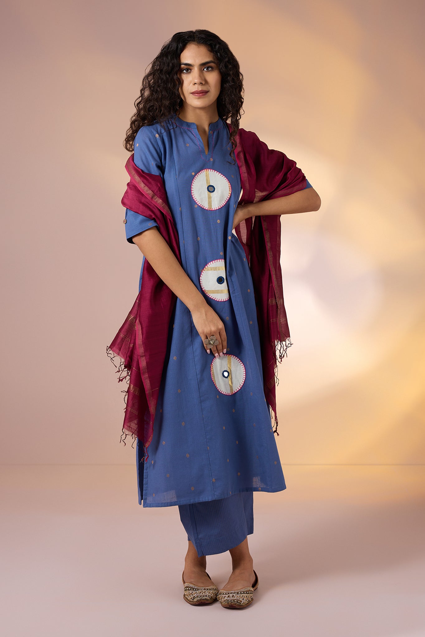 Coord Set A- Line Kurta And Pants In Blue Gold Dots And Applique Embroidery  by Maati Crafts