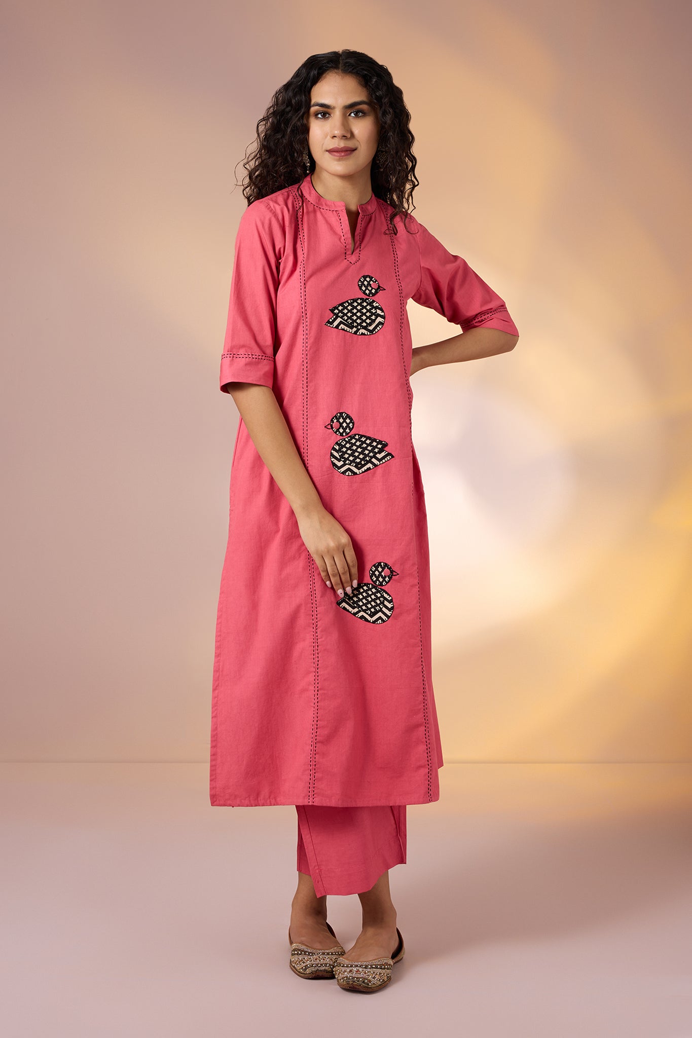 Coord Set A- Line Kurta And Pants In Peach Poplin With Applique Embroidery by Maati Crafts