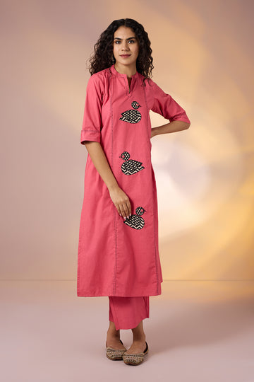 Coord Set A- Line Kurta And Pants In Peach Poplin With Applique Embroidery by Maati Crafts