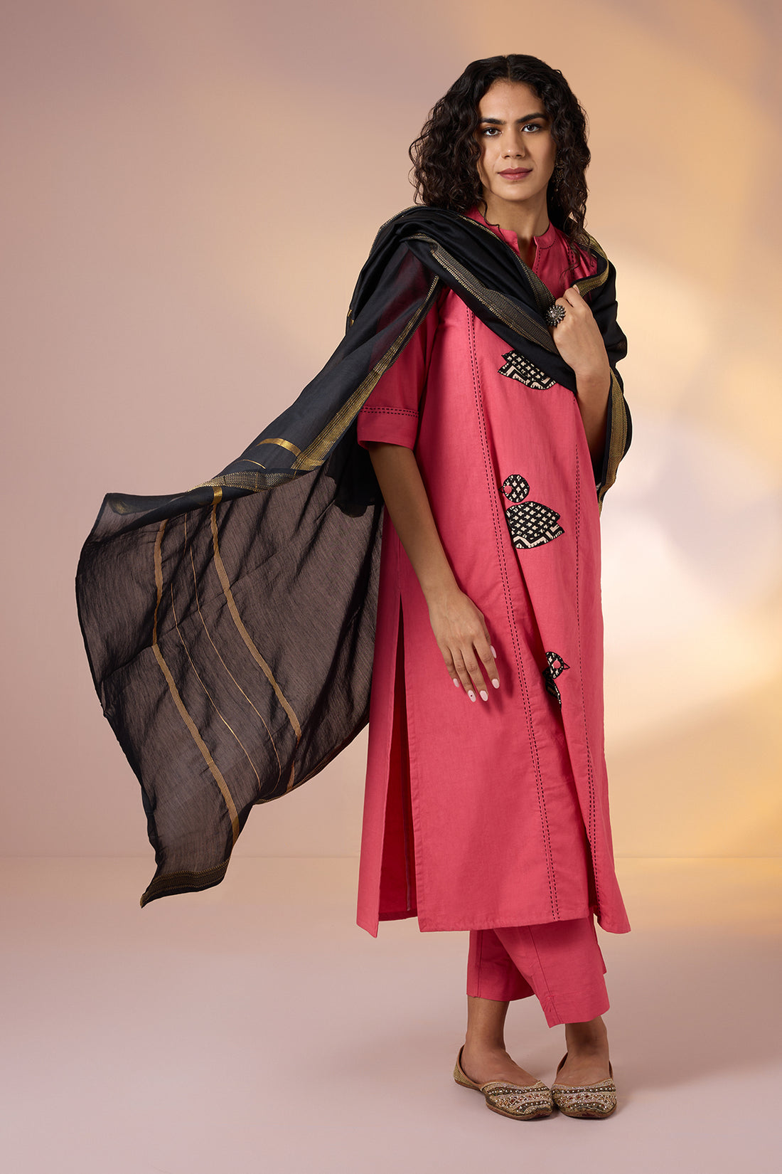 Coord Set A- Line Kurta And Pants In Peach Poplin With Applique Embroidery by Maati Crafts