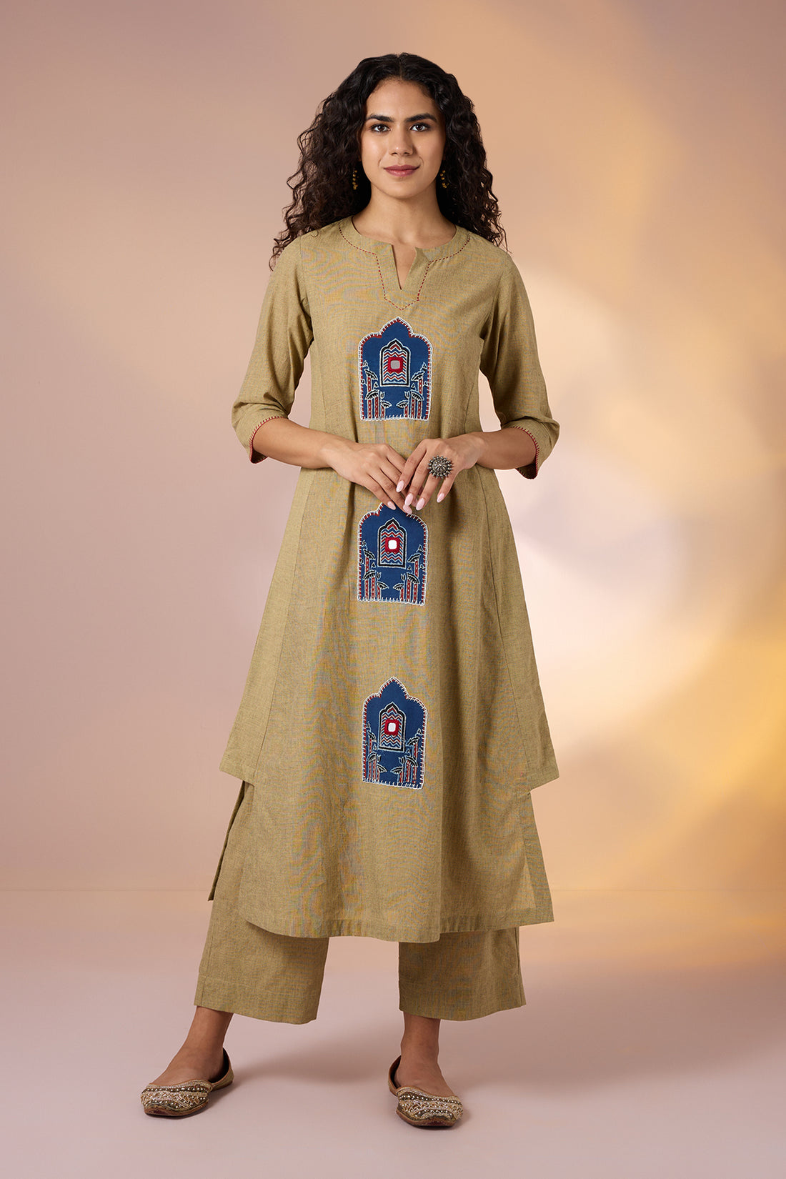 Coord Set A-Line Asymmetrical Side Hemline In Beige South Cotton Jharokha Applique And Pants  by Maati Crafts