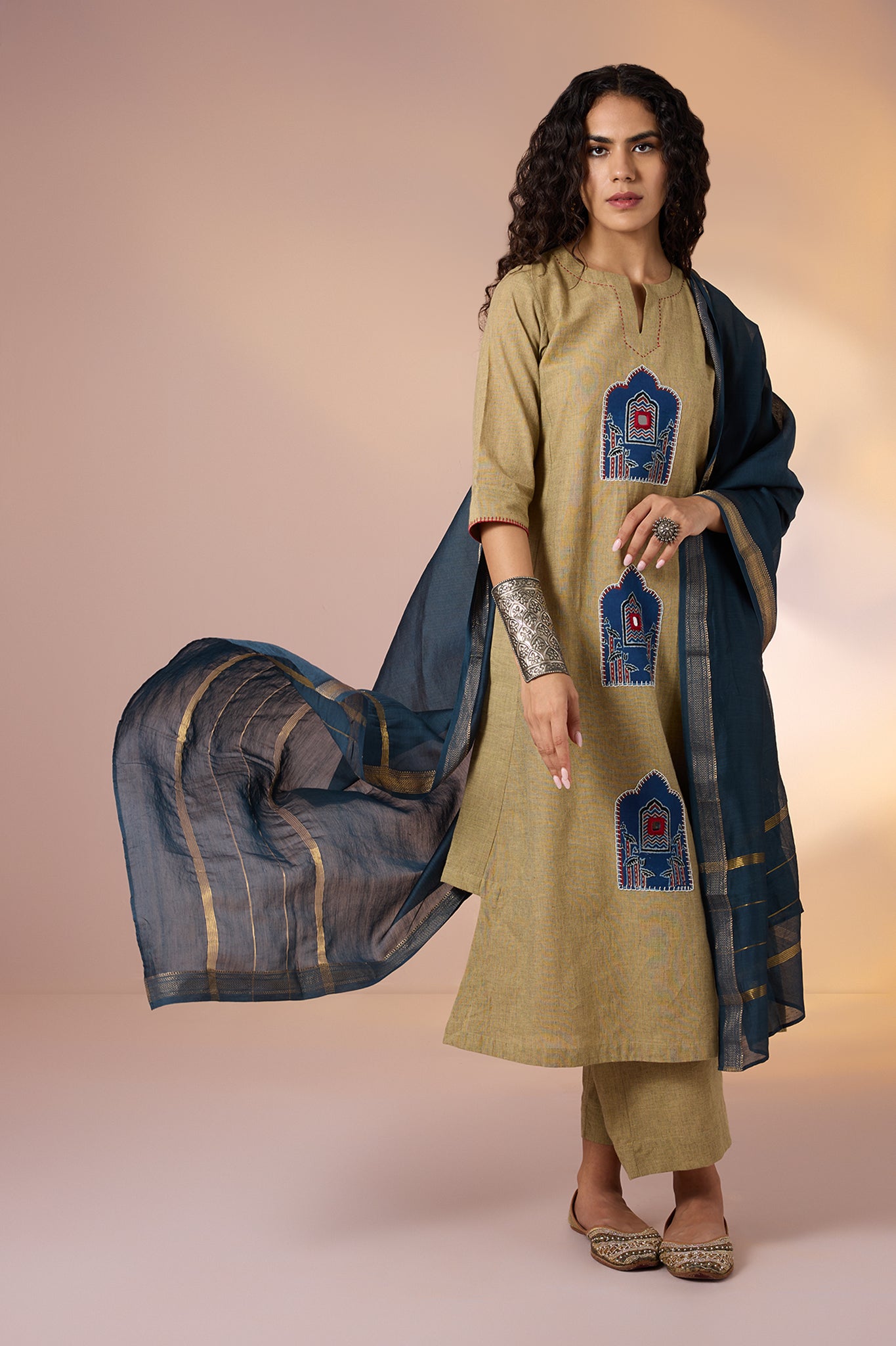 Coord Set A-Line Asymmetrical Side Hemline In Beige South Cotton Jharokha Applique And Pants  by Maati Crafts