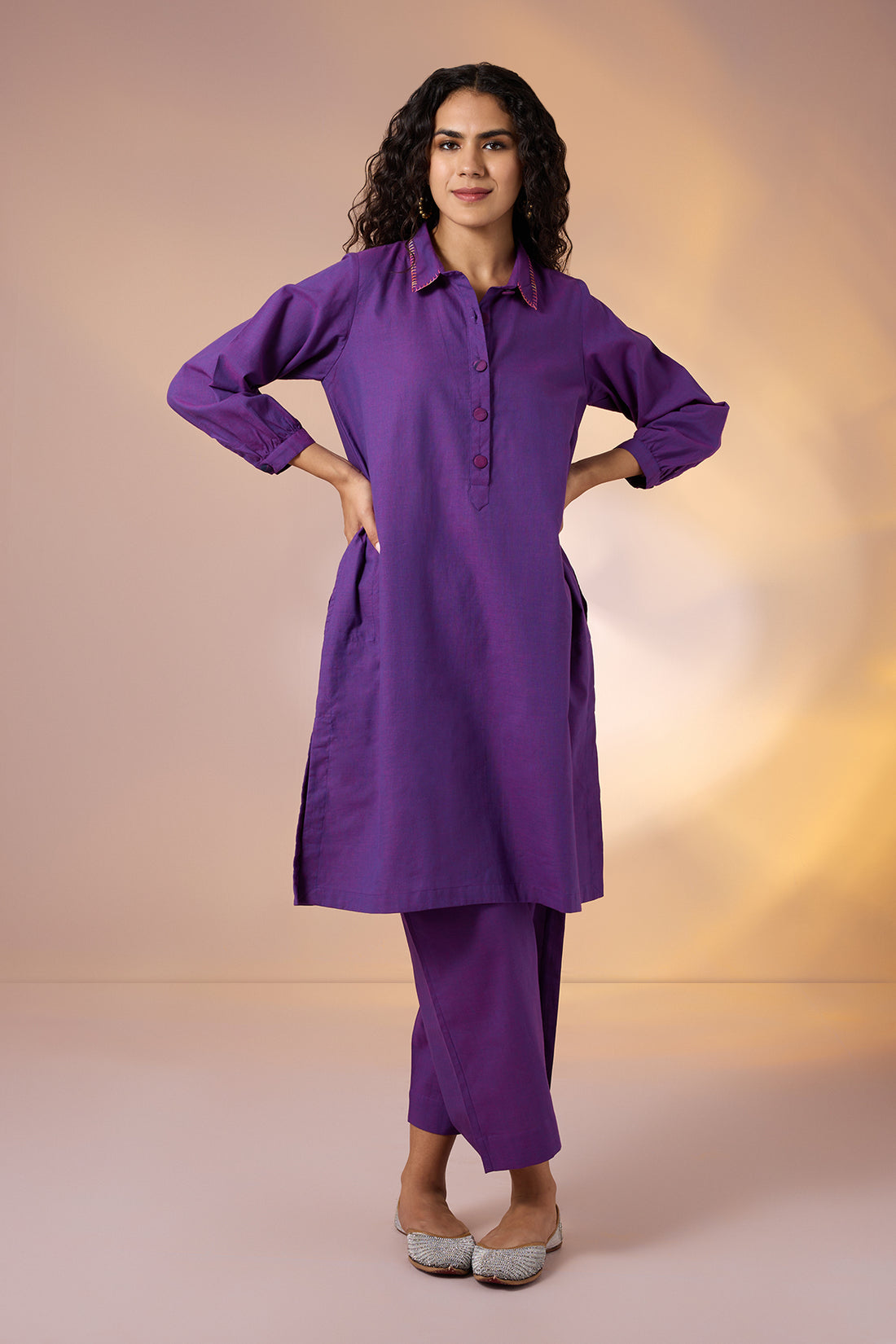 Co-ord Set Amethyst Hue Cotton Collar Kurta & Pants