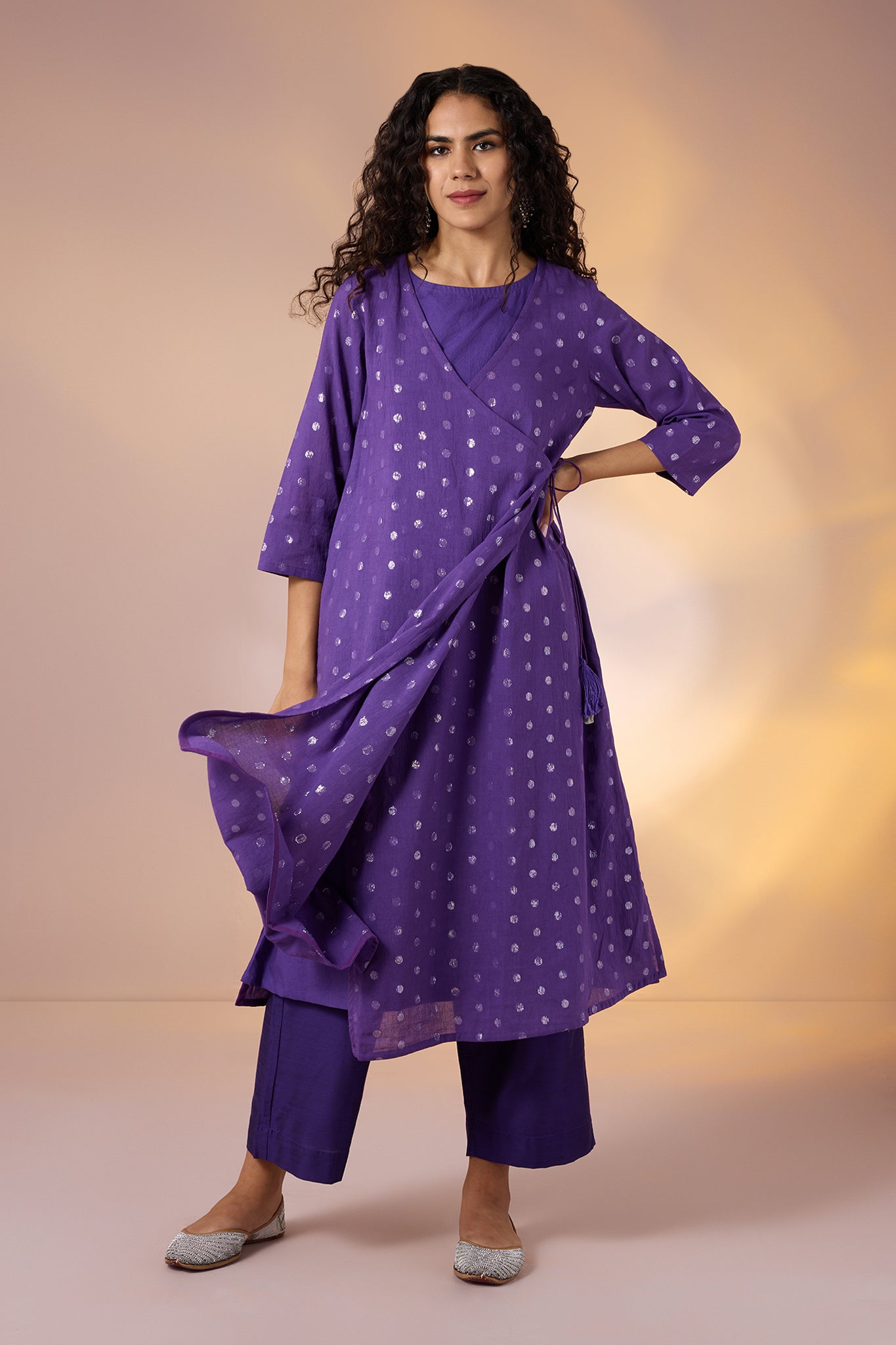 Coord Set Angrakha Tie Up Jacket And Sleeveless Dress In In Purple Cotton With Silver Dots by Maati Crafts