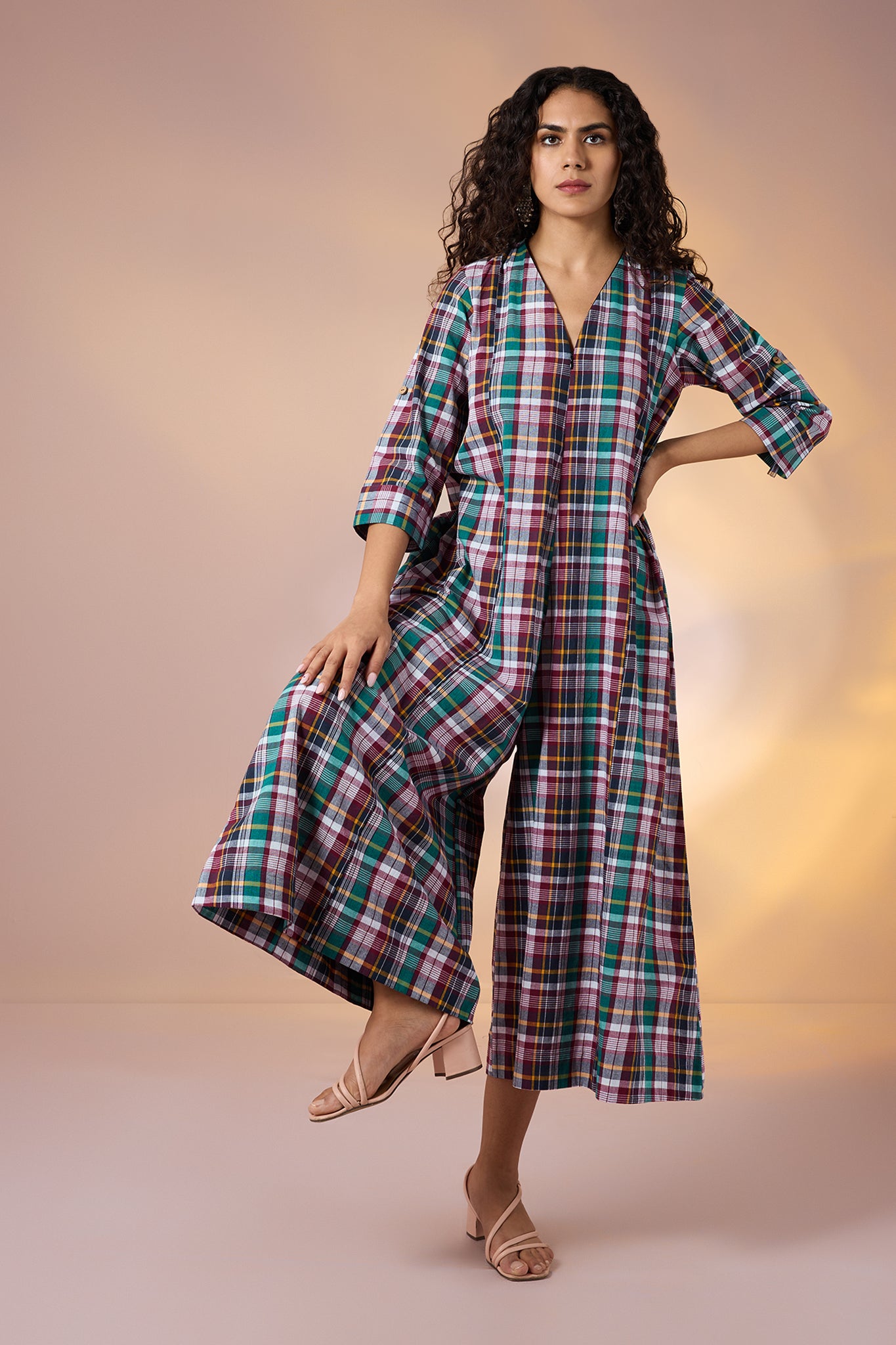 Carnival Plaid Front Zipper Cotton Jumpsuit with Pockets & Sleeves