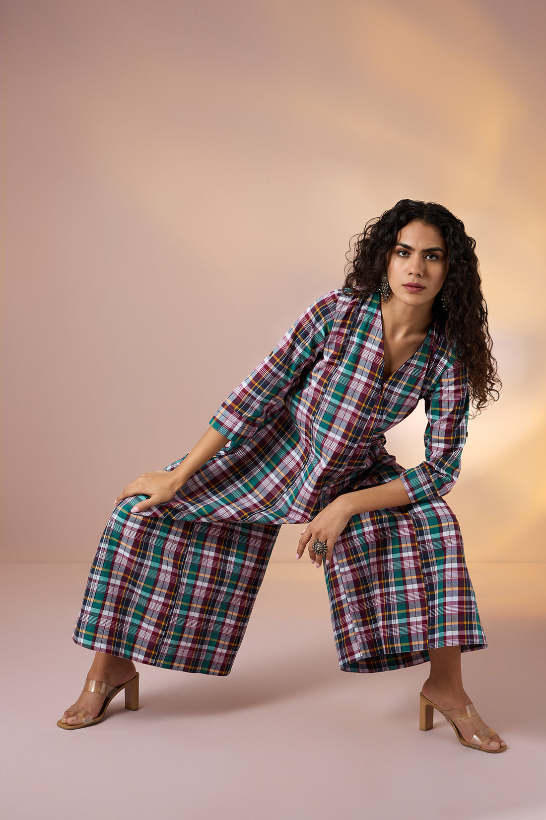 Carnival Plaid Front Zipper Cotton Jumpsuit with Pockets & Sleeves