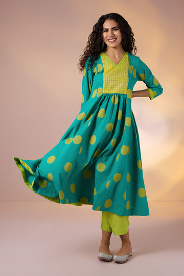 Chartreuse Dots Cotton V Neck Anarkali