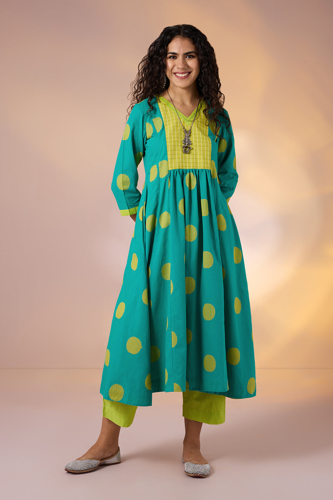 Chartreuse Dots Cotton V Neck Anarkali