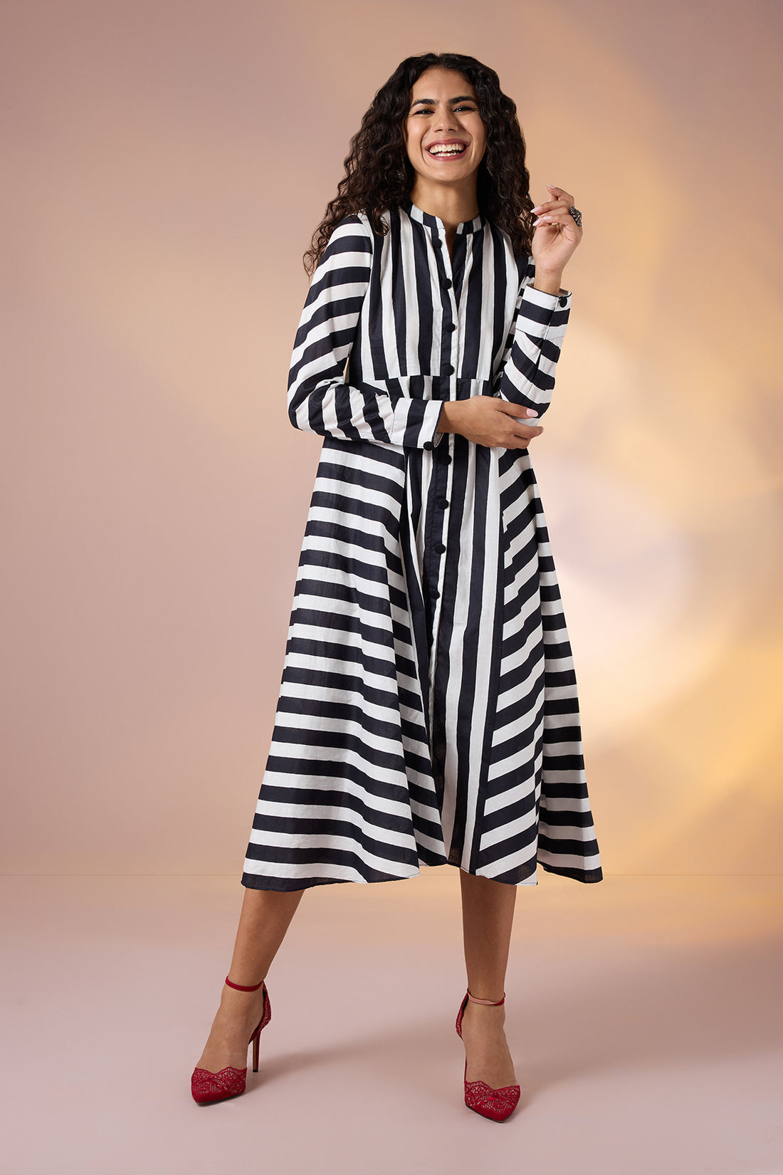 Zebra Lines Cotton Flared Panel Midi Dress