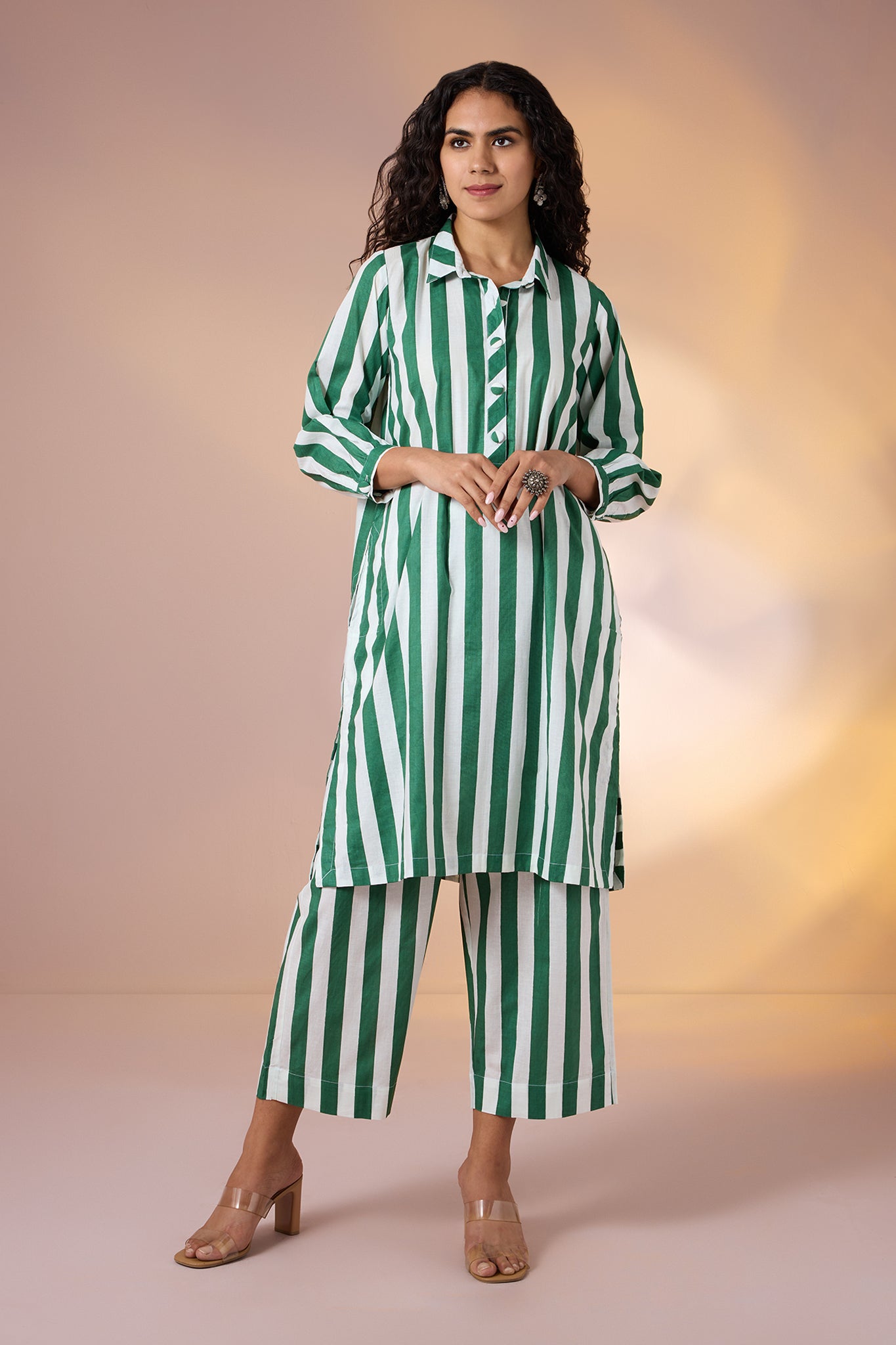 Co-ord Set Emerald Bar Cotton Collar Kurta & Pants