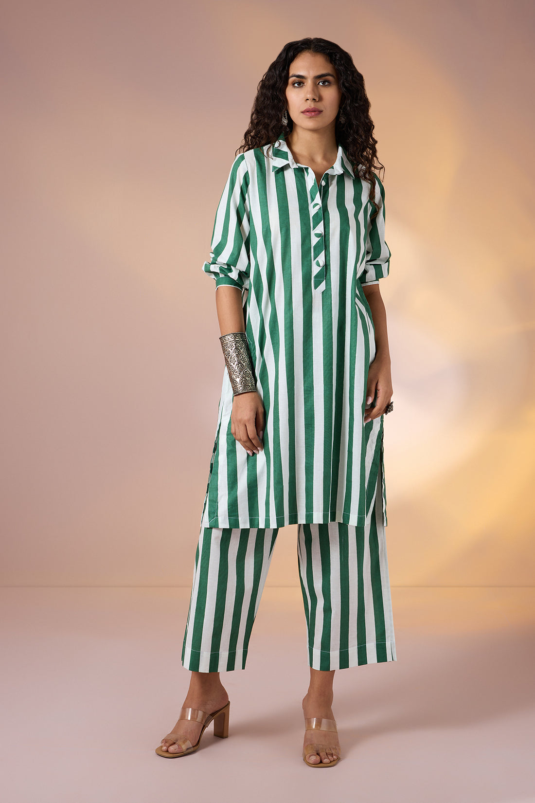 Co-ord Set Emerald Bar Cotton Collar Kurta & Pants