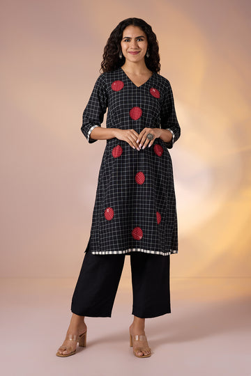 Onyx Polka Cotton Kurta with Red Polka Applique