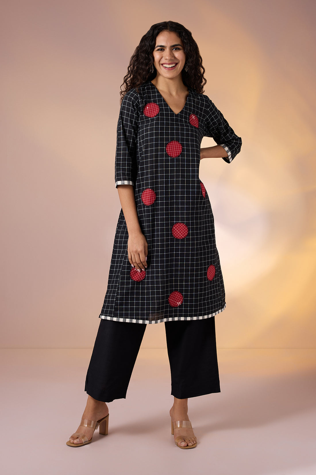 Onyx Polka Cotton Kurta with Red Polka Applique