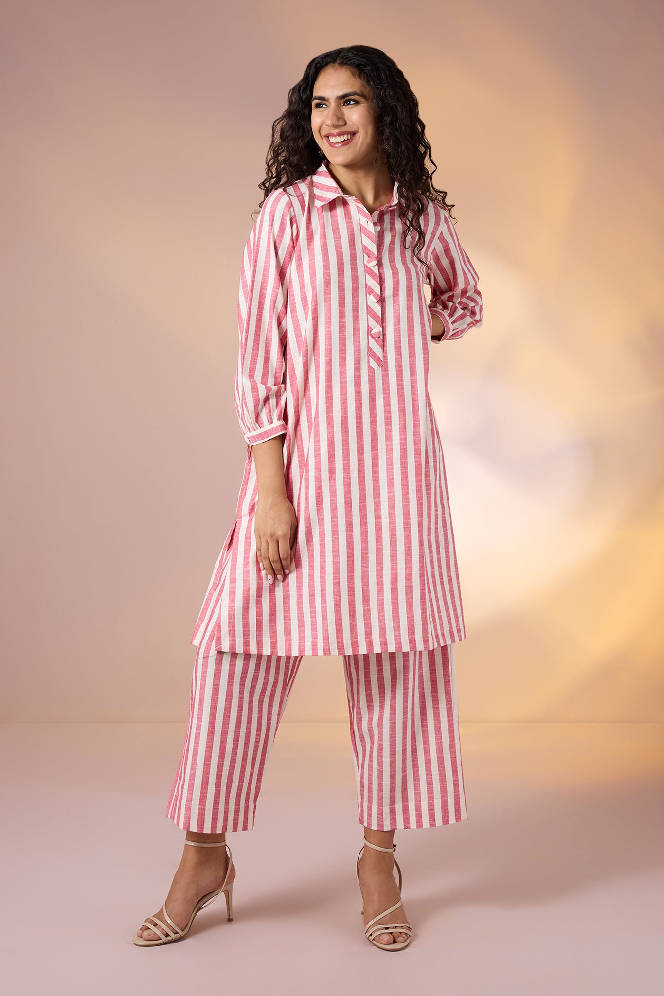 Coord Set With Relaxed Fit Kalidar Kurta And Pants Pink Stripe Cotton With Pockets  by Maati Crafts