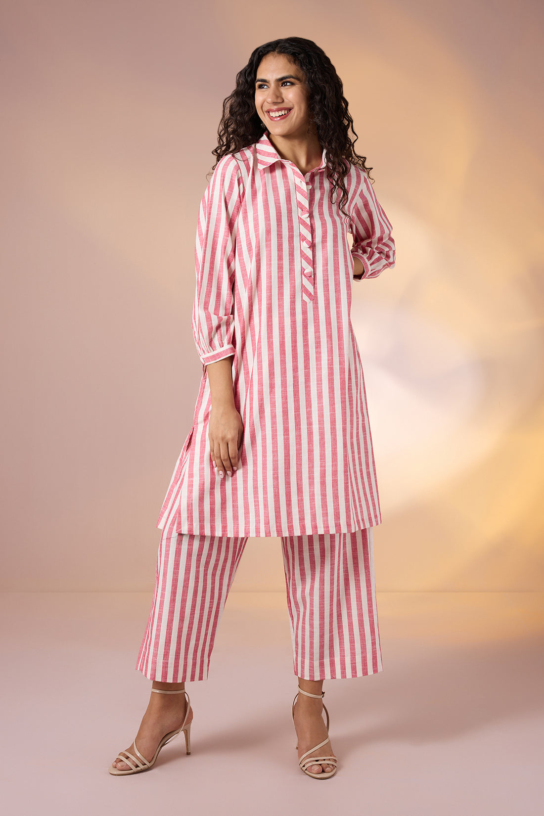 Coord Set With Relaxed Fit Kalidar Kurta And Pants Pink Stripe Cotton With Pockets  by Maati Crafts