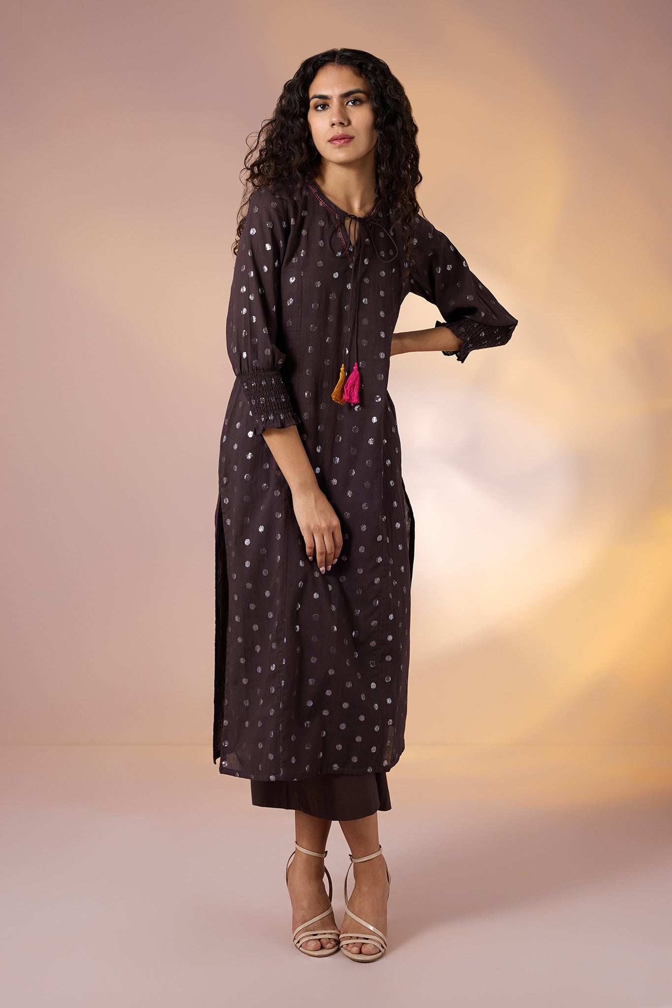 Mocha Dusk & Silver Scatter Cotton Kurta with Smocked Cuff & Tassels