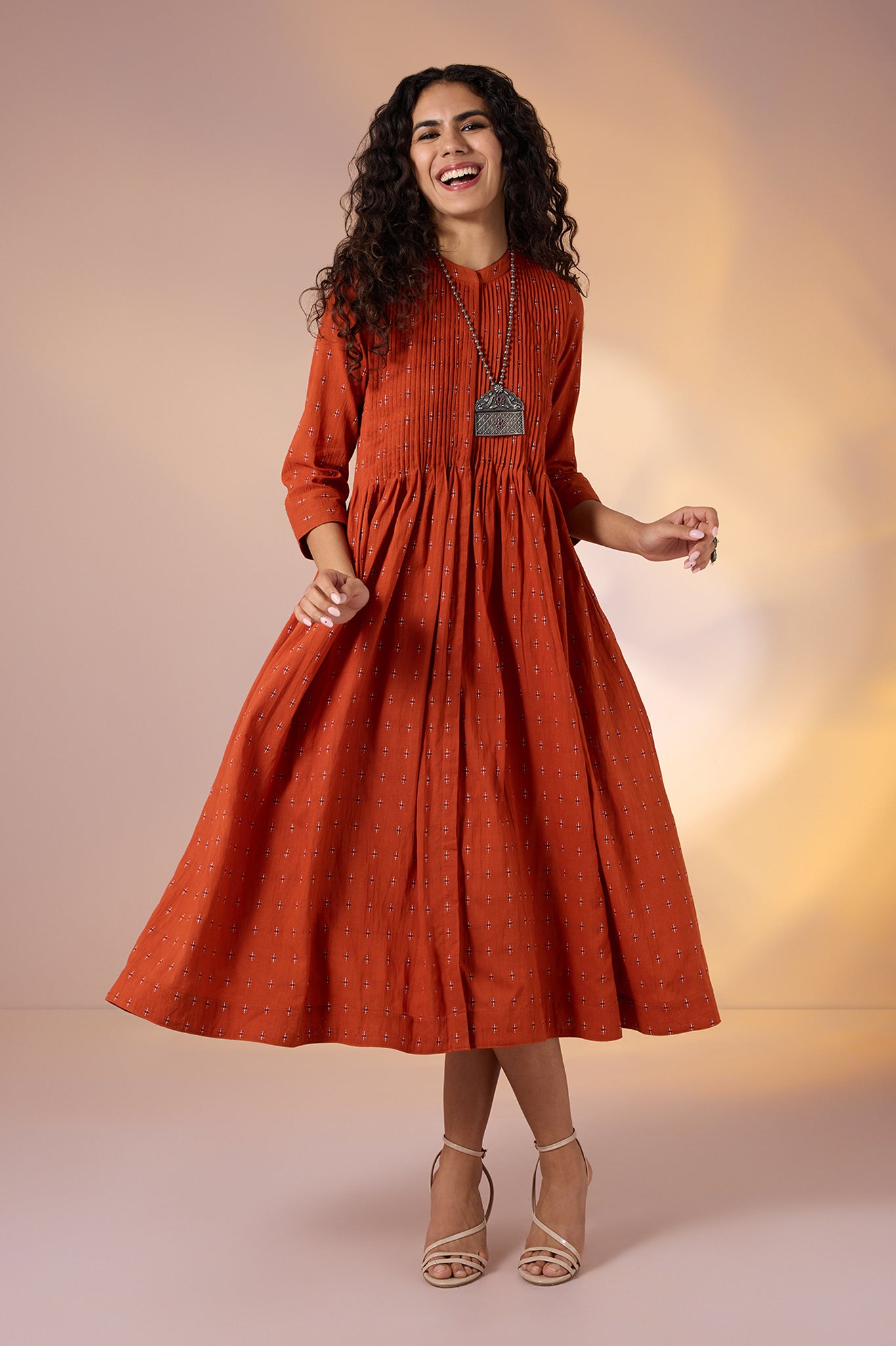 Terracotta Charm Cotton Buti Infinity Pintuck Dress