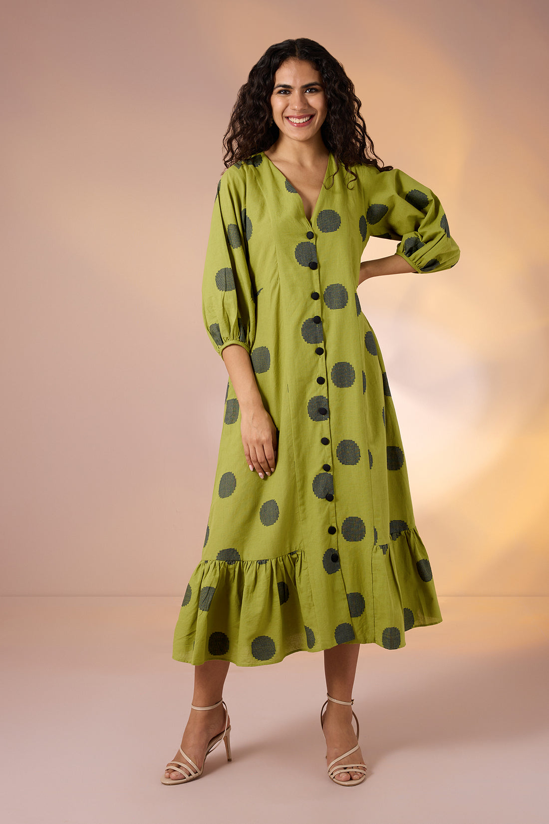 Midnight Green Cotton Midi Dress with Polka & Ruffle Border