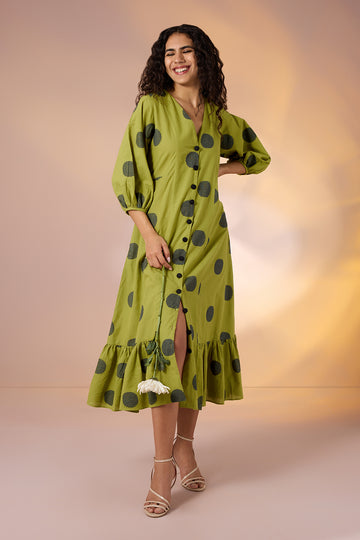 Midnight Green Cotton Midi Dress with Polka & Ruffle Border