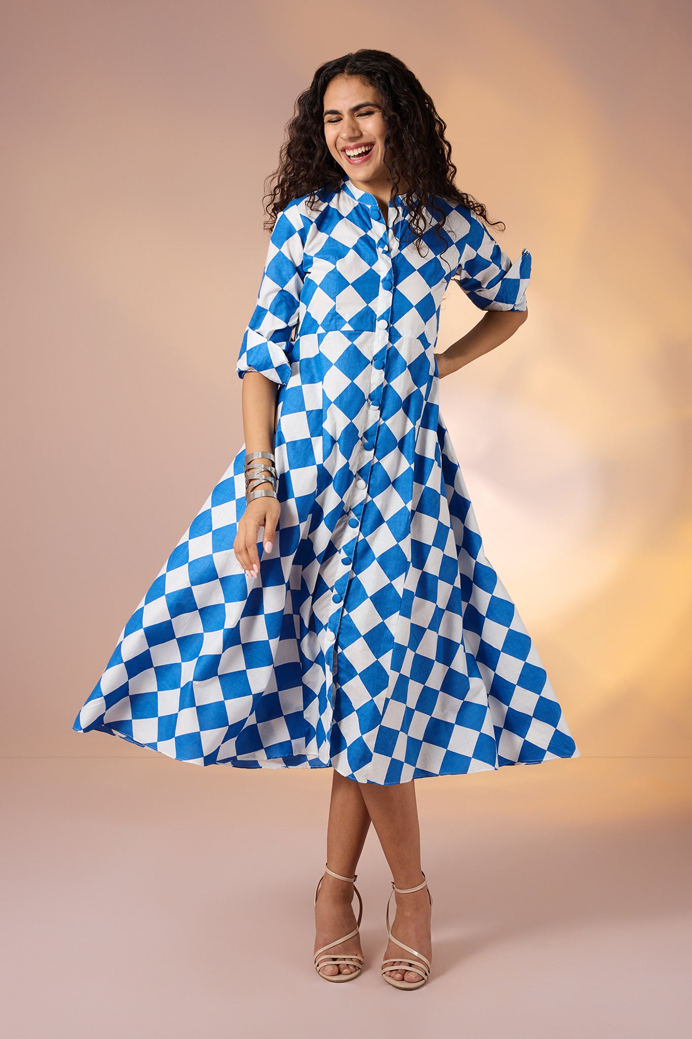 Azure Prism Cotton Flared Panel Midi Dress