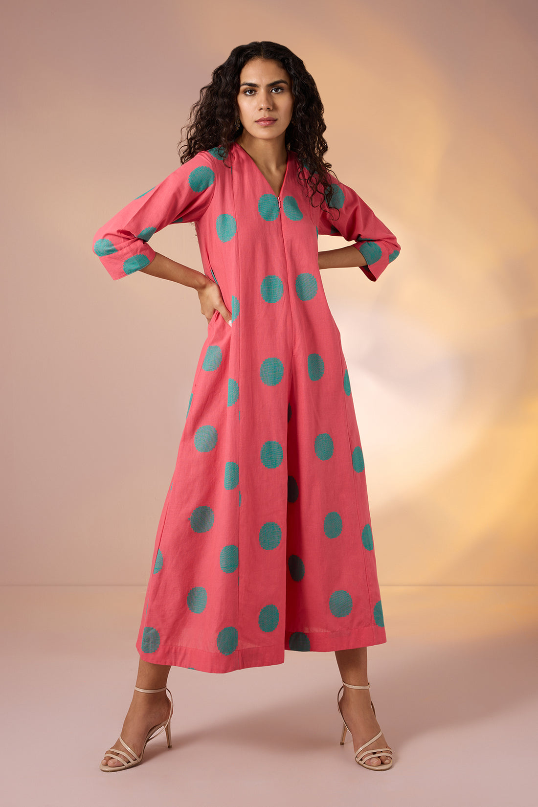 Coral Polka Front Zipper Cotton Jumpsuit with Pockets & Sleeves