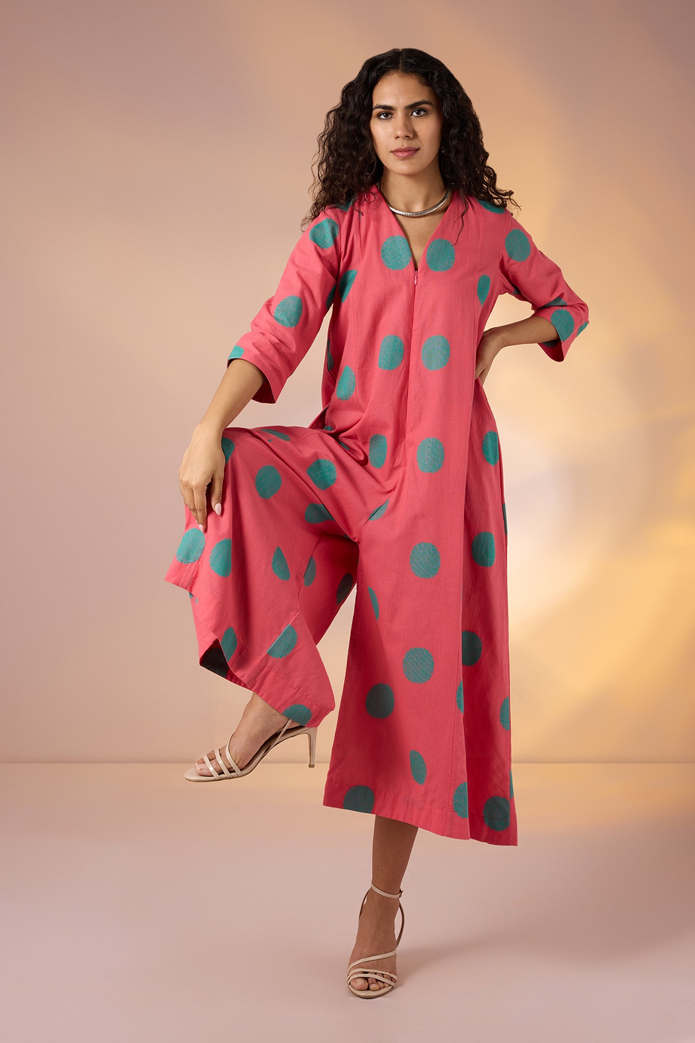 Coral Polka Front Zipper Cotton Jumpsuit with Pockets & Sleeves